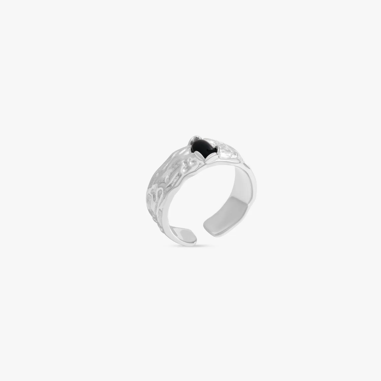 Thick Texture Black Gem Adjustable Sterling Silver Ring