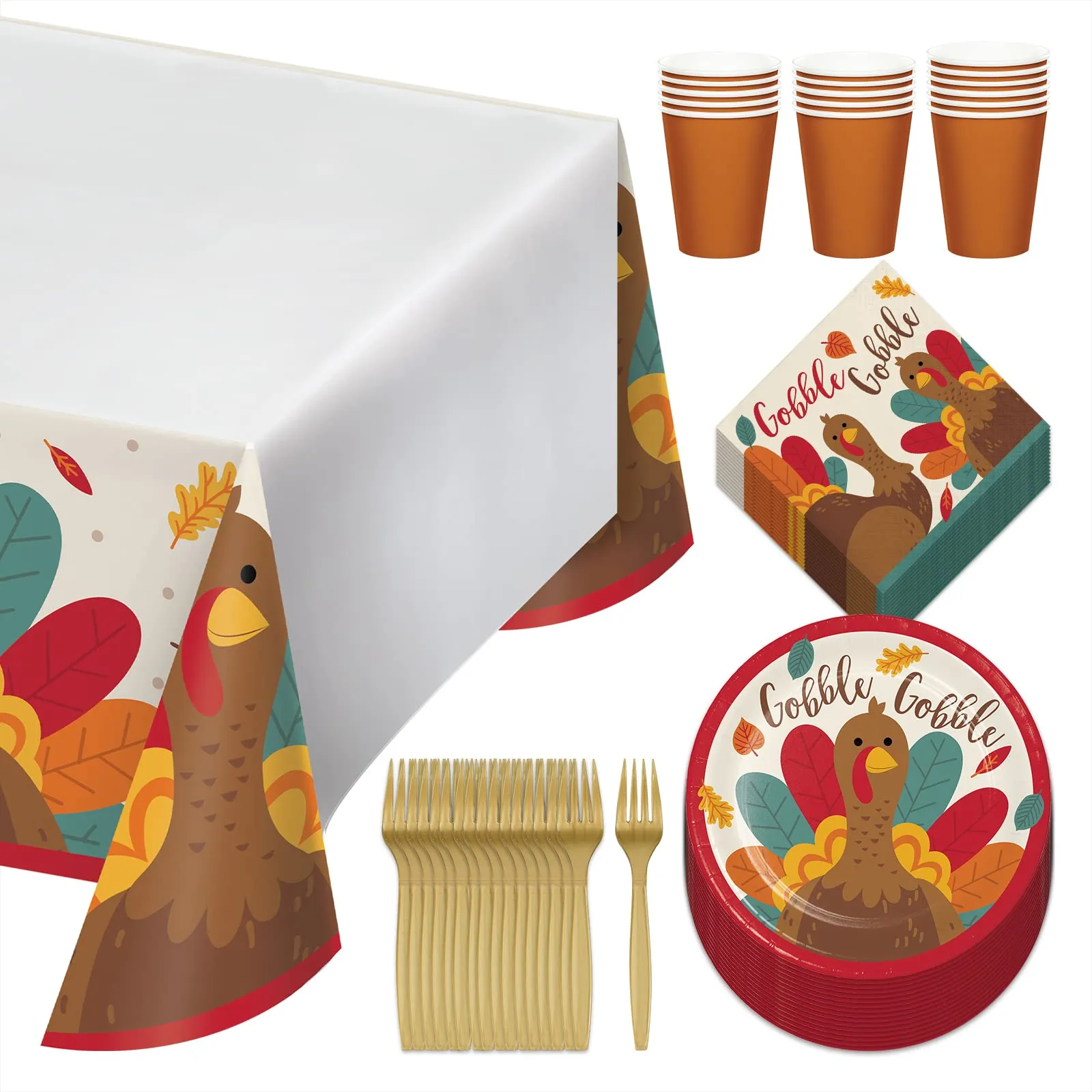 Thanksgiving Turkey Tom Party Supplies Set - Paper Dessert Plates, Napkins, Cups, Forks, & Table Cover for 16 Guests