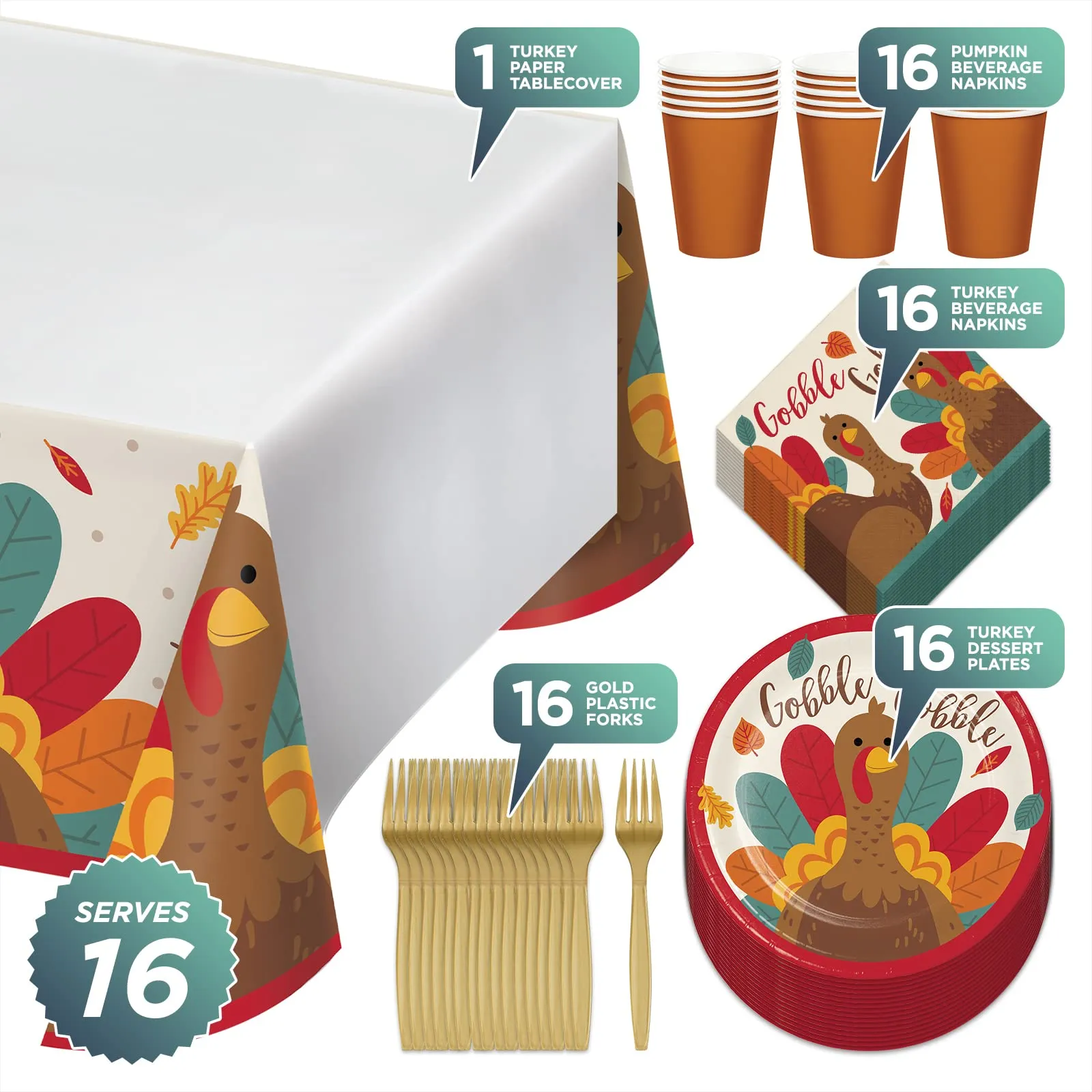 Thanksgiving Turkey Tom Party Supplies Set - Paper Dessert Plates, Napkins, Cups, Forks, & Table Cover for 16 Guests