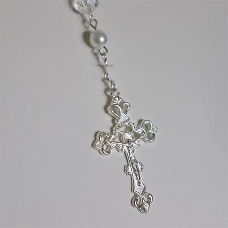 Victorian Handmade Simulation Pearl Long Cross Necklace, Rosary Style