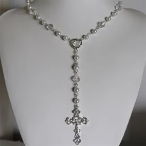 Victorian Handmade Simulation Pearl Long Cross Necklace, Rosary Style