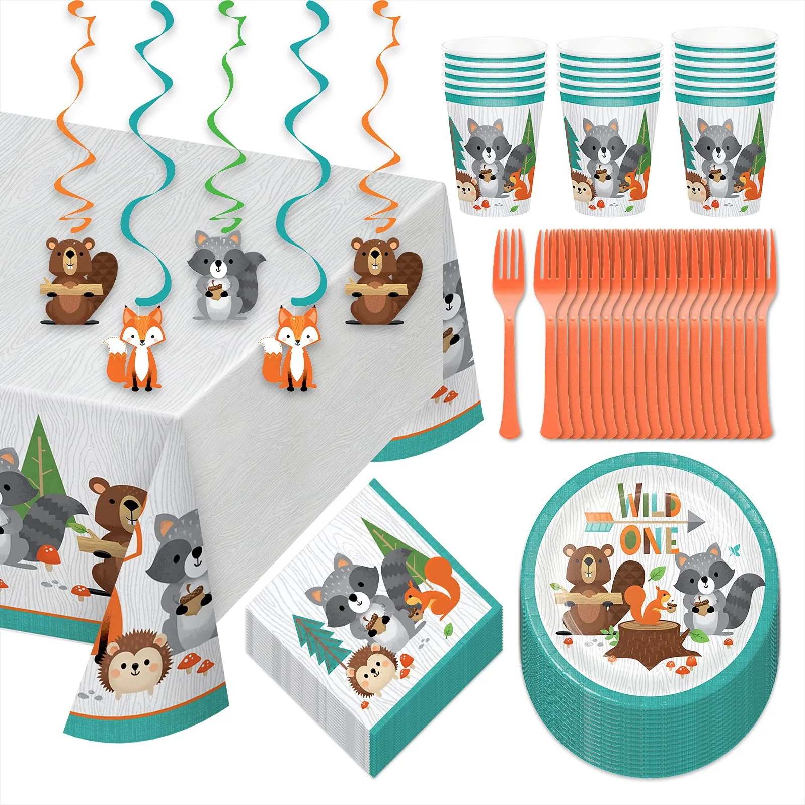 Wild One Birthday Dessert Party Pack - Paper Plates, Napkins, Cups, Table Cover, and Hanging Cutouts Set (Serves 16)